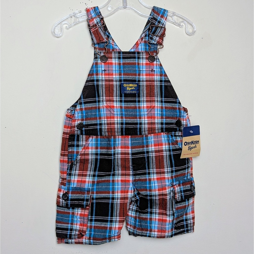 Osh‎ Kosh B'gosh Baby Bib Plaid Short Shortalls VTG 2009 Overalls Size 12 Months